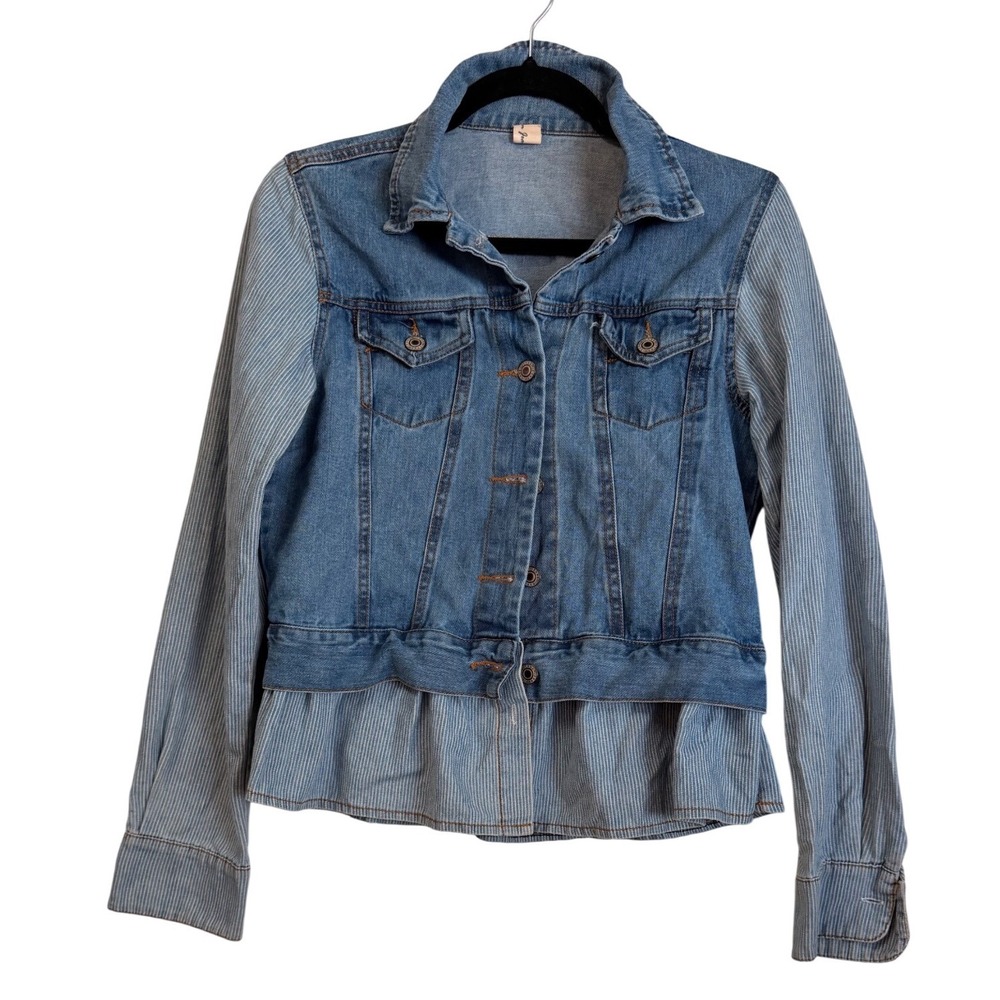 Jean Sen Women Blue Denim Pinstripe Mixed Media Peplum Jacket Size L